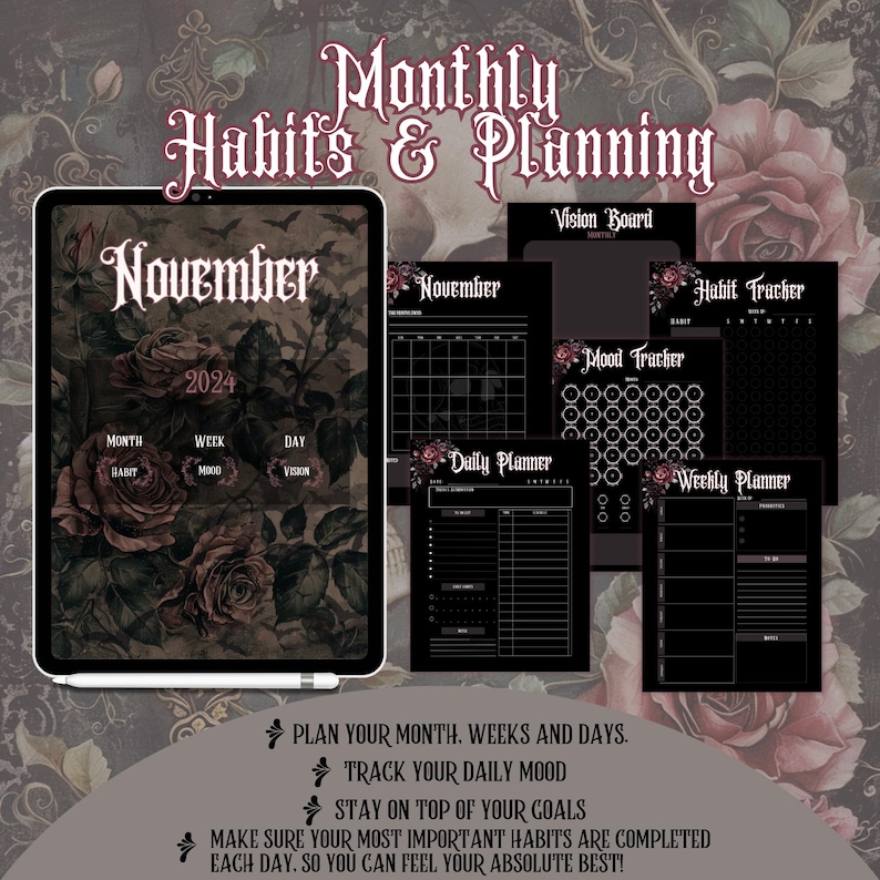 Goth Digital Planner Skull Roses mauve pink black gray skeleton eerie ipad droid goodnotes planner
