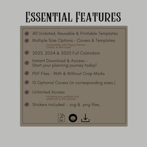 May include: A brown background with white text listing the essential features of a printable planner. The features include 40 undated, reusable and printable templates, multiple size options, 2023, 2024 and 2025 full calendars, instant download and access, PDF files with and without crop marks, 15 optional covers, unlimited access, and stickers included.