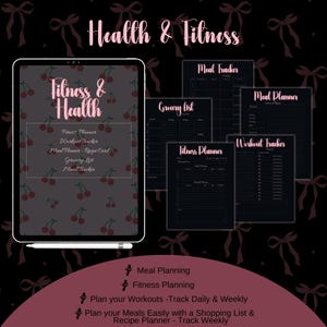 May include: A digital planner with a cherry pattern background. The planner includes sections for meal planning, fitness planning, workout tracking, grocery lists, and meal tracking. The text "Fitness & Health" is at the top of the planner.