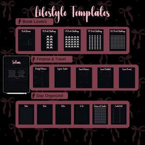 May include: A digital planner with black and white illustrations of bows and ribbons. The planner is divided into sections for book lovers, finance and travel, and staying organized. The sections include templates for book tracking, budget planning, expense tracking, travel planning, and note-taking.