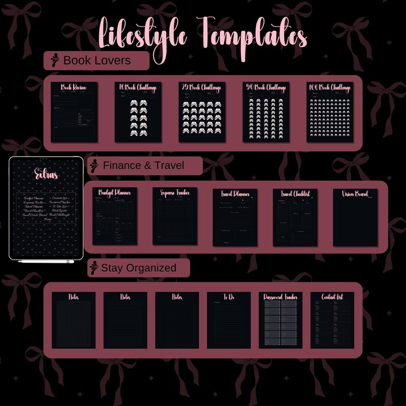 May include: A digital planner with black and white illustrations of bows and ribbons. The planner is divided into sections for book lovers, finance and travel, and staying organized. The sections include templates for book tracking, budget planning, expense tracking, travel planning, and note-taking.