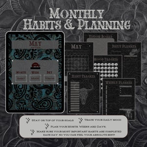 May include: A digital planner for May with a black and teal paisley design. The planner includes sections for monthly, weekly, and daily planning, as well as habit tracking, mood tracking, and vision boards. The text "MONTHLY HABITS & PLANNING" is at the top of the image.