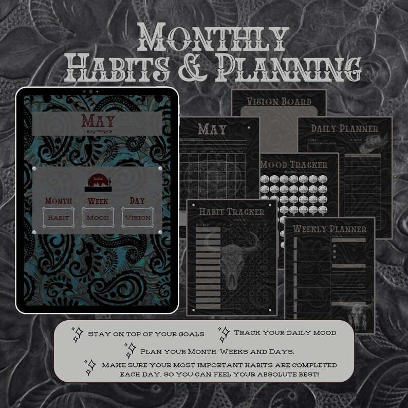 May include: A digital planner for May with a black and teal paisley design. The planner includes sections for monthly, weekly, and daily planning, as well as habit tracking, mood tracking, and vision boards. The text "MONTHLY HABITS & PLANNING" is at the top of the image.