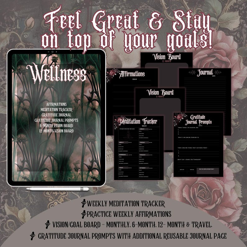 Goth Digital Planner Skull Roses mauve pink black gray skeleton eerie ipad droid goodnotes planner