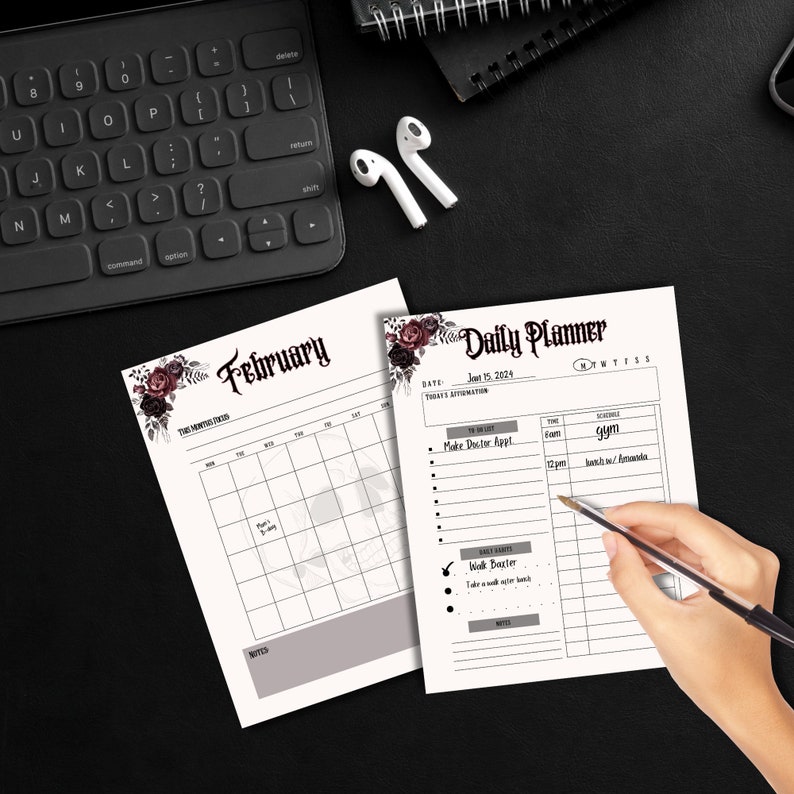 May include: A printable daily planner and monthly calendar with a floral design. The planner includes a section for to-do lists, appointments, and notes. The calendar is for the month of February.
