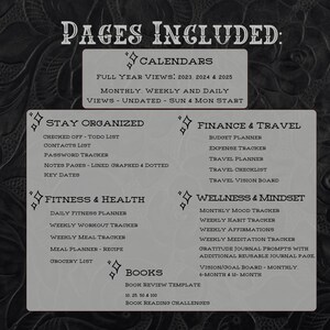 May include: A black and white graphic with the text "Pages Included" at the top. The graphic lists different categories of printable pages for a planner, including calendars, staying organized, finance and travel, fitness and health, wellness and mindset, and books.