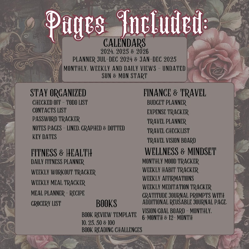 Goth Digital Planner Skull Roses mauve pink black gray skeleton eerie ipad droid goodnotes planner