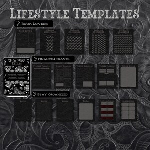 May include: Black and white printable planner templates with a paisley pattern background. The templates include sections for book lovers, finance and travel, and staying organized.