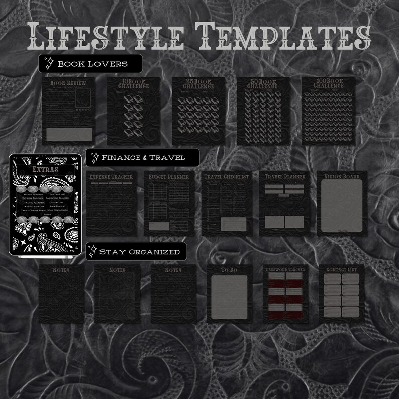 May include: Black and white printable planner templates with a paisley pattern background. The templates include sections for book lovers, finance and travel, and staying organized.