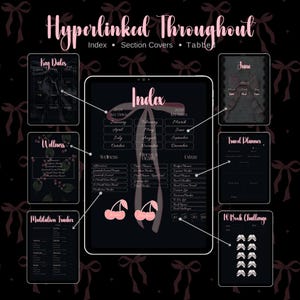 May include: A digital planner with a black background and pink accents. The planner includes sections for key dates, wellness, fitness and health, extras, a meditation tracker, a travel planner, and a 10 book challenge. The planner is hyperlinked throughout.