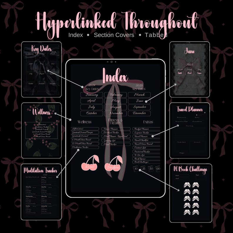 May include: A digital planner with a black background and pink accents. The planner includes sections for key dates, wellness, fitness and health, extras, a meditation tracker, a travel planner, and a 10 book challenge. The planner is hyperlinked throughout.