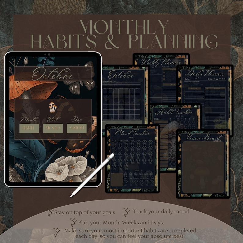 May include: A digital planner with a dark background and a floral design. The planner includes sections for monthly, weekly, and daily planning, as well as habit tracking, mood tracking, and a vision board. The text "October" is visible at the top of the planner.