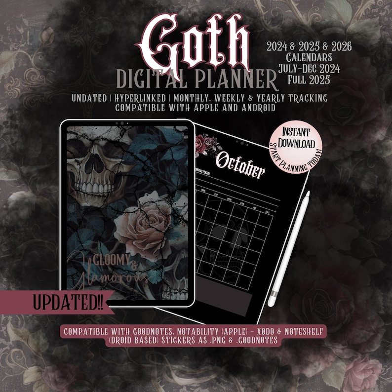 Goth Digital Planner Skull Roses mauve pink black gray skeleton eerie ipad droid goodnotes planner