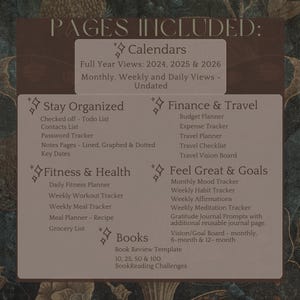May include: A printable planner with a brown background and gold text. The planner includes sections for calendars, staying organized, finance and travel, fitness and health, feeling great and goals, and books. The text "PAGES INCLUDED" is at the top of the page.