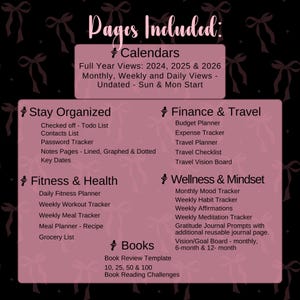 May include: A pink and black printable planner with a list of pages included, such as calendars, stay organized, finance and travel, fitness and health, wellness and mindset, and books. The text "Pages Included" is at the top of the image.