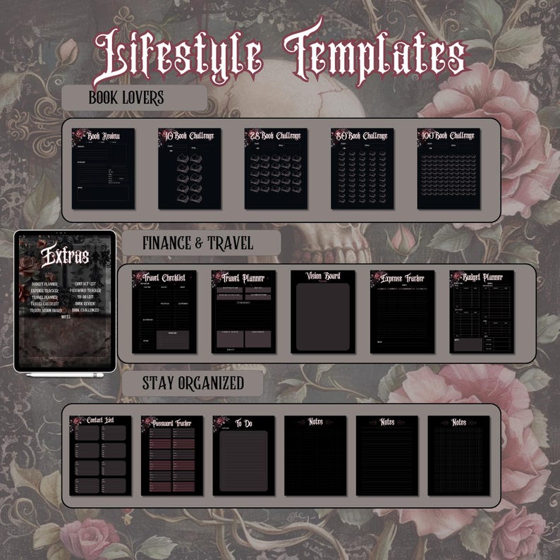 Goth Digital Planner Skull Roses mauve pink black gray skeleton eerie ipad droid goodnotes planner