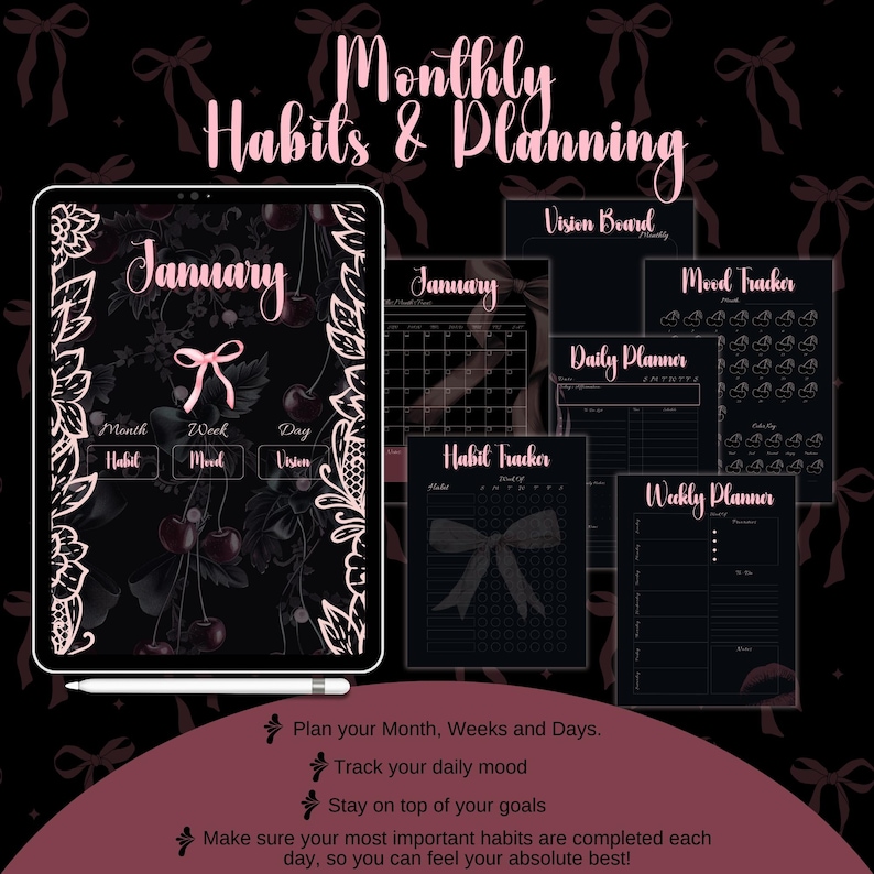 May include: A digital planner with a black background and pink accents. The planner includes sections for monthly, weekly, and daily planning, as well as habit tracking, mood tracking, and vision boards. The planner is designed to help users stay organized and on track with their goals.