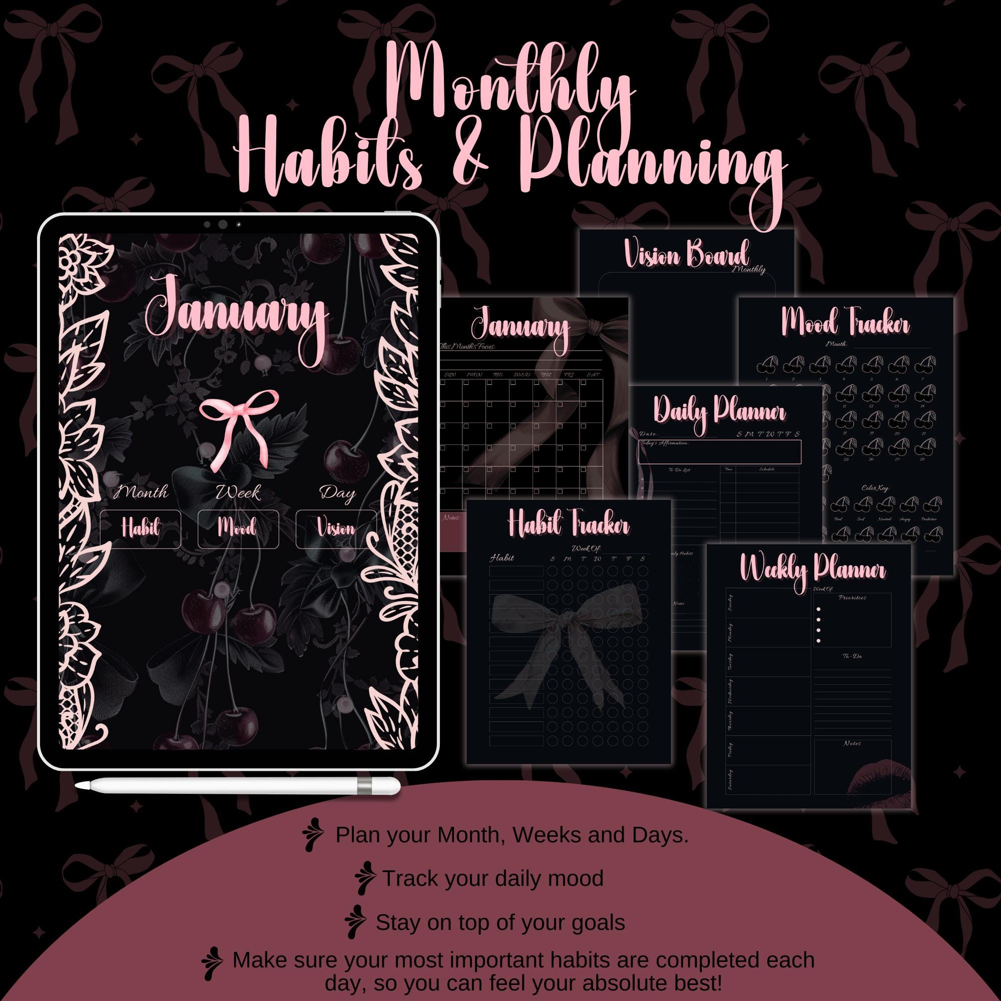 Dark Coquette Notebook Dark Mode Planner Digital Planner Gothic Planner ...