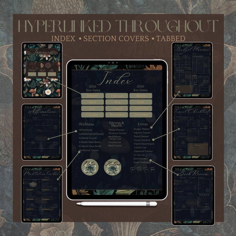 May include: A digital planner with a dark background and floral illustrations. The planner includes sections for budgeting, travel, wellness, fitness, and more. The planner is hyperlinked throughout and has tabbed sections. The text "Index" is displayed on the screen.