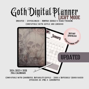 Può includere: Un planner digitale con un tema gotico. Il planner presenta uno scheletro con rose e il testo "Embrace the Shadows". Il planner è compatibile con Goodnotes, Notability, Xodo e Noteshelf. Il planner include calendari completi per il 2024, 2025 e 2026. Il planner è disponibile in modalità luce e non è datato.