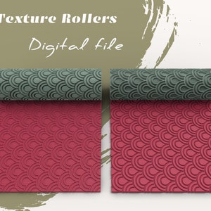 May include: Two texture rollers with a repeating pattern of overlapping circles. The rollers are green and the pattern is embossed on a red surface.