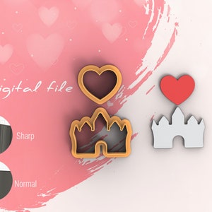 May include: Digital file for a cookie cutter set featuring a castle and a heart. The castle is orange and the heart is red. The image shows the cookie cutters on a pink background with the text "Digital file" in white.