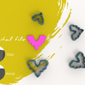 May include: Digital file for a set of five cookie cutters in the shape of angel wings. The cutters are teal blue and pink. The image shows the different line thicknesses available for the cutters, labeled "Sharp" and "Normal".