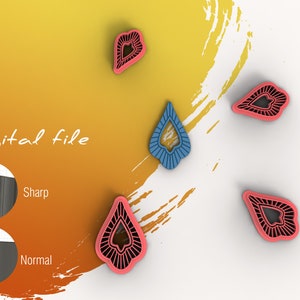 Puede incluir: Cuatro formas decorativas impresas en 3D, dos son rojas y dos son azules. Las formas tienen la forma de una lágrima con diseños intrincados. La imagen también muestra un primer plano de un objeto impreso en 3D con un borde afilado y un borde normal. El texto "Archivo digital" y "Nítido" y "Normal" son visibles en la imagen.