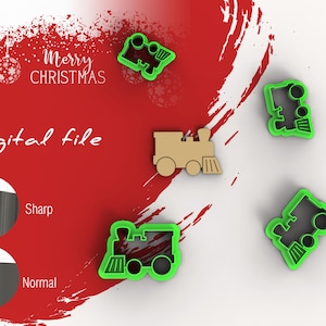 Peut inclure: Quatre emporte-pièces en forme de train en plastique vert, dont l'un est plus grand que les autres. Le plus grand emporte-pièce est au centre de l'image. Le texte "Merry Christmas" est dans le coin supérieur gauche de l'image.