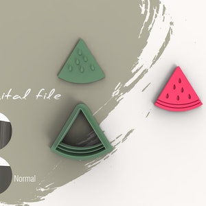 May include: Two green plastic cookie cutters shaped like a watermelon slice, one with a detailed outline and the other with a simple outline. A red plastic cookie cutter shaped like a watermelon slice with seeds.