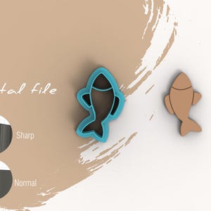 Puede incluir: Un archivo digital con dos cortadores de galletas con forma de pez. Uno es un contorno turquesa y el otro es marrón liso. La imagen también incluye el texto "Archivo digital" y diagramas que ilustran bordes afilados y normales.