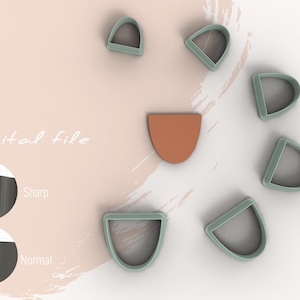 Puede incluir: Un conjunto de siete cortadores de galletas en forma de semicírculo, con un cortador de color naranja claro y el resto de color verde claro. Los cortadores están dispuestos en círculo sobre una superficie blanca. "Archivo digital" está escrito en texto negro sobre la superficie.