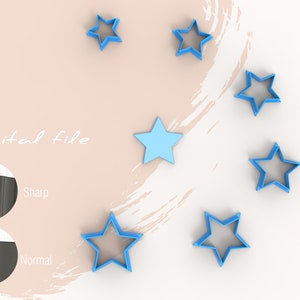 May include: Digital file for a 3D printed cookie cutter in the shape of a star. The image shows a blue star cookie cutter and a close-up of the file types available for download.