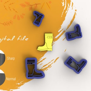 Könnte beinhalten: Vier Ausstecher in Form von Gummistiefeln. Ein Ausstecher ist gelb, die anderen drei sind blau. Die Ausstecher befinden sich auf einer weißen Oberfläche mit gelbem Hintergrund.