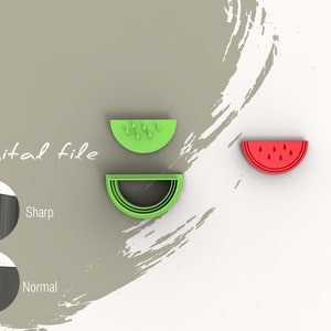 May include: Digital file for a 3D printed watermelon cookie cutter. The cutter is shown in two parts, a green top and a green bottom, with a red watermelon slice shown separately. The text "Digital file" is written on the image.