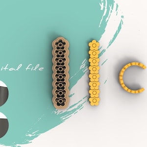 May include: Three cookie cutters in the shape of flowers. The cutters are made of brown plastic and are arranged in a row. The cutters are on a white surface. Digital file.