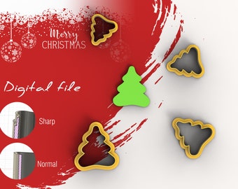 May include: Four Christmas tree cookie cutters, two are gold, one is green, and one is black. The cutters are on a white and red background. The text "Merry Christmas" is in the top left corner of the image. The text "Digital file" is in the bottom left corner of the image.
