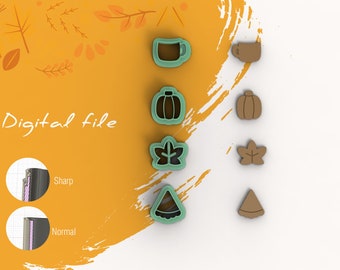 May include: An image showcasing a digital file with fall-themed cookie cutter designs. The cutters are in the shapes of a coffee mug, pumpkin, leaf, and pie slice. The text "Digital file" is displayed on a yellow and orange background.