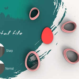 Può includere: Quattro tagliabiscotti a forma di uovo di Pasqua in plastica rosa, un uovo rosso e il testo "File digitale" su uno sfondo verde. L'immagine mostra anche un primo piano di due diversi tipi di formati di file digitali: "Sharp" e "Normal".