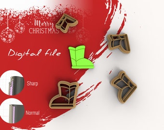 May include: Digital file for a Christmas boot cookie cutter. The image shows four brown cookie cutters in the shape of a boot, and one green boot cookie cutter. The image also shows a close-up of the cookie cutter's edge, with a sharp and normal option.