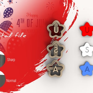 May include: A set of three cookie cutters shaped like stars, each with a letter of the word "USA" inside. The cutters are brown and the letters are white. The background is red, white, and blue.