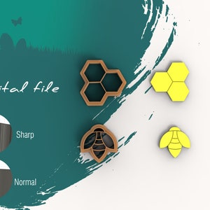 Puede incluir: Archivo digital para un juego de cortadores de galletas con un diseño de panal, un diseño de abeja y un diseño de abeja con alas. Los cortadores de galletas son de color marrón y amarillo.