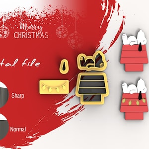 Può includere: Un file digitale a tema natalizio. L'immagine presenta Snoopy nella sua cuccia, con una ghirlanda di luci natalizie e il testo "Merry Christmas". Sono incluse anche le forme ritagliate di Snoopy e della sua cuccia.