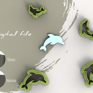May include: The image displays a digital file with several dolphin-shaped cookie cutters. The cutters are in green and black, with one light blue dolphin. The text "Digital file" is written in a cursive font. The image also shows a comparison of sharp and normal edges.