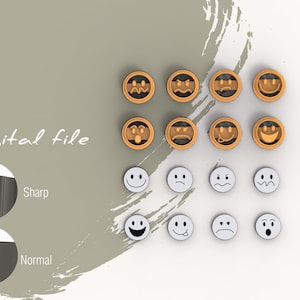 Puede incluir: Un conjunto de 12 archivos digitales para impresión 3D. Los archivos incluyen 12 caras sonrientes diferentes, cada una con una expresión única. Los archivos están disponibles en versiones nítida y normal.