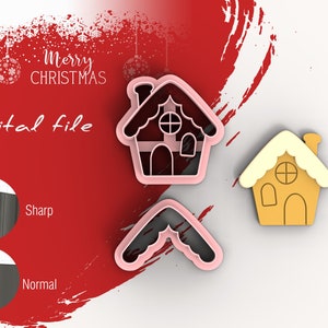 Peut inclure: Deux emportes-pièces en forme de maison en pain d'épices roses et un emporte-pièce rose et noir en forme de flocon de neige. Le texte "Merry Christmas" est écrit en blanc sur fond rouge. Le texte "Digital file" est écrit en noir sur fond rouge.