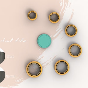 May include: A digital file showing two different ways to view a file: sharp and normal. The image also shows a teal circle and six gold rings.