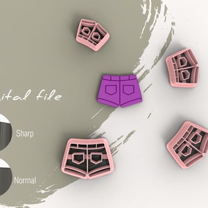 May include: Digital file for a cookie cutter in the shape of denim shorts. The cutter is shown in pink and purple. The image also shows a close-up of the cutter's edge, highlighting the sharpness.