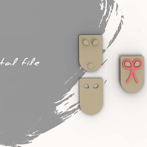 May include: Three digital files for a 3D printed design. The design is a pair of earrings with a small circle and a bow. The earrings are beige and the bow is pink.