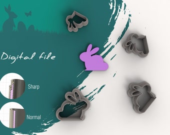 May include: Image features a collection of gray bunny-shaped cookie cutters and a purple bunny silhouette. The words "Digital file" are displayed in white script. The image also includes a comparison of "Sharp" and "Normal" edges.
